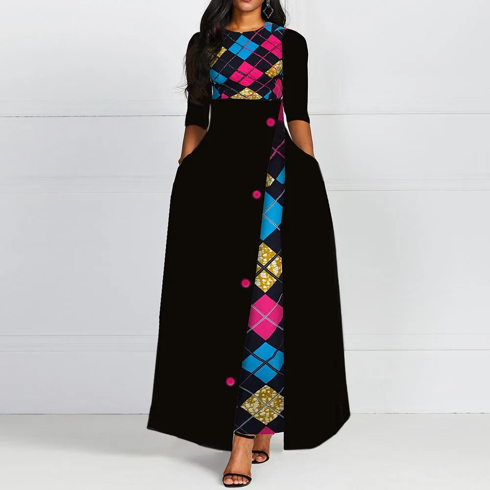 Осенне-зимнее женское черное длинное платье с элегантным принтом, Африканское винтажное платье трапециевидной формы размера плюс, платья с короткими рукавами