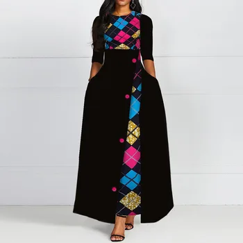 

Autumn Winter Women Black Long Dress Elegant Print 2019 African Vestido Vintage A Line Plus Size Half Sleeves Dresses