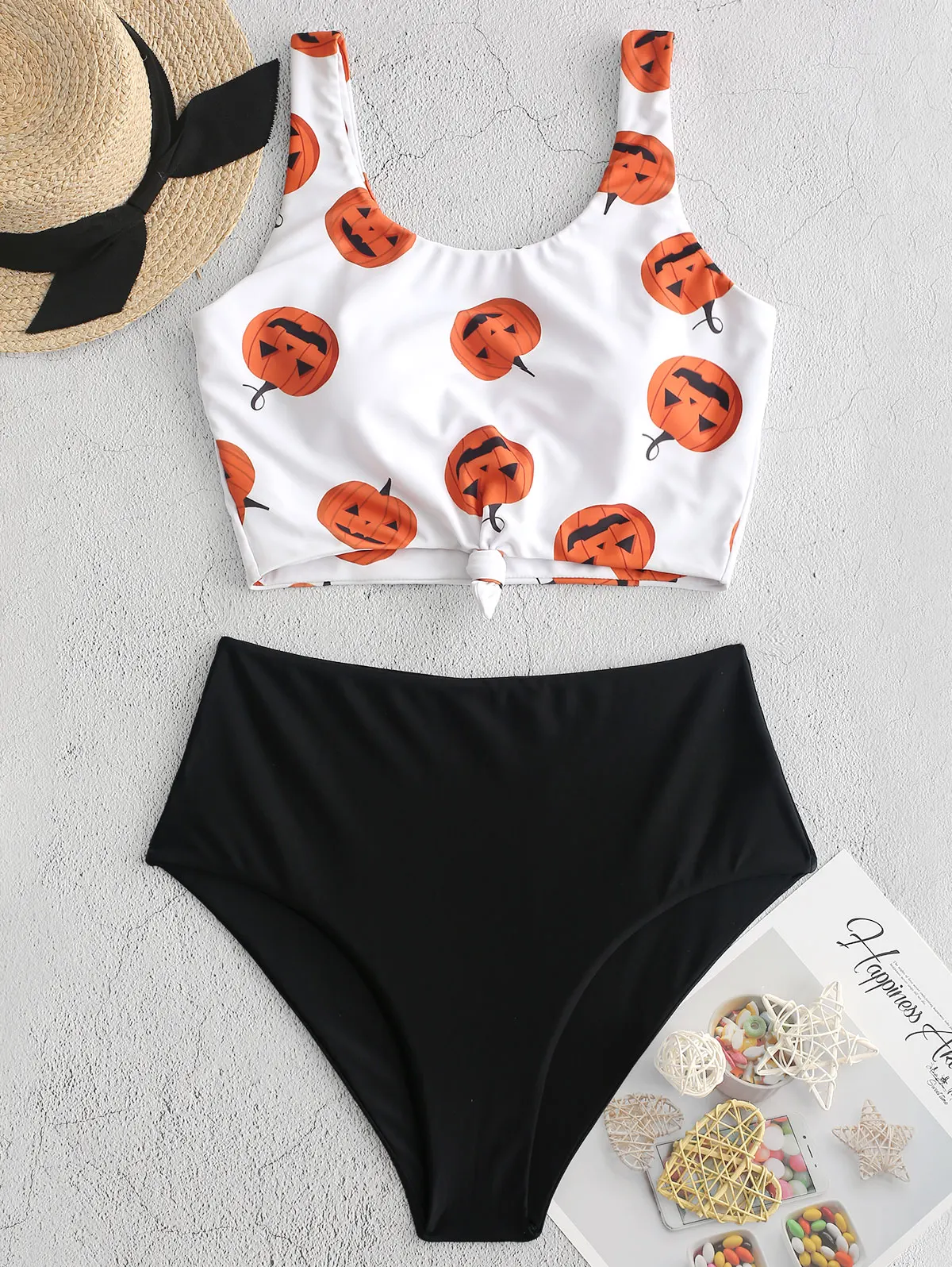 

ZAFUL Pumpkin Print Knot Halloween Tankini Swimsuit High Waisted