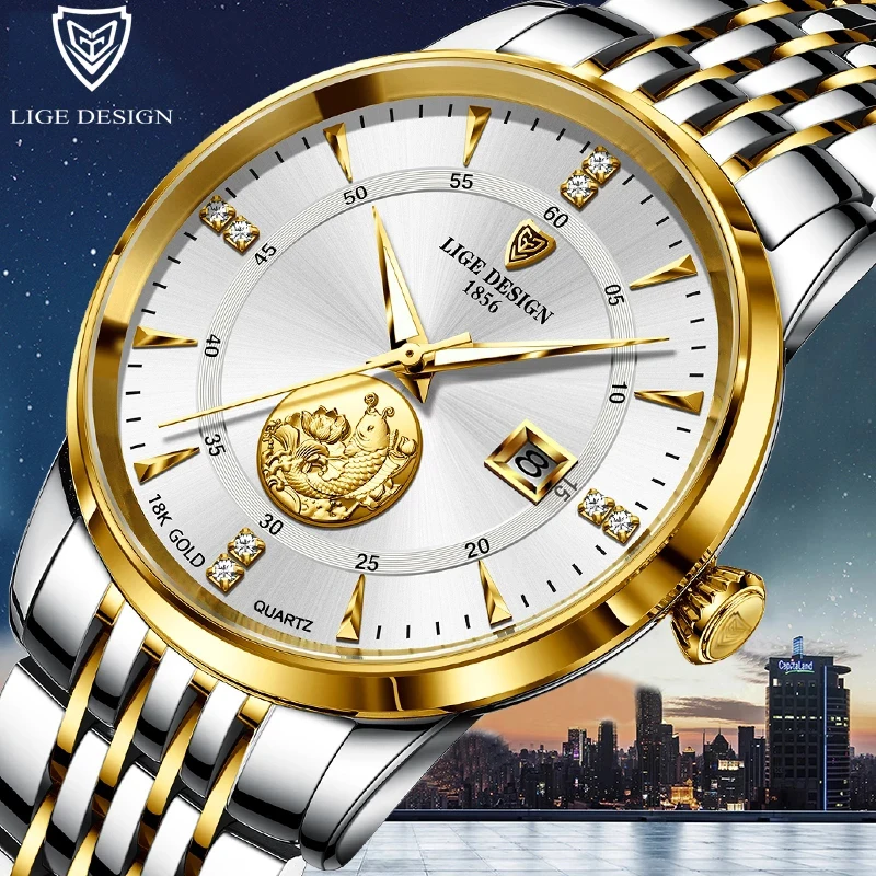 LIGE Watch Men Top Brand Luxury Stainless Steel Waterproof Quartz Wristwatches For Fashion Design Goldfish Relogio+Box | Наручные часы