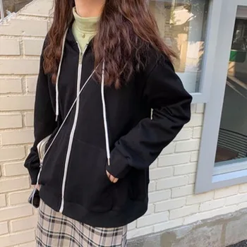 

2020 NEW Real shot autumn and winter Korean version of lazy zipper plus velvet / thin hooded sweater cardigan coat female