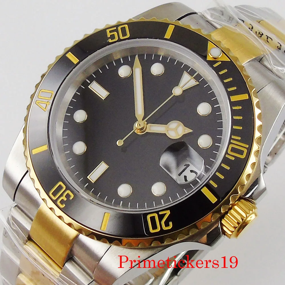 

Two Tone Bliger 40mm Gold Plated Case Sterile Black Dial Japan NH35A PT5000 Automatic Movement Sapphire Crystal Date Luminous