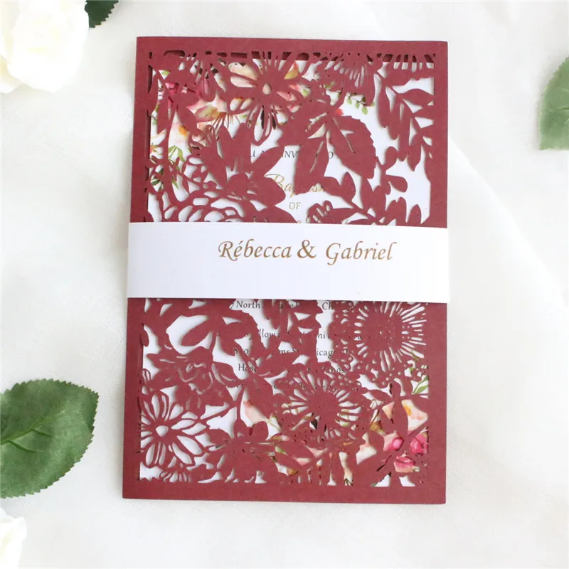 burgundy Сельская пригласительная открытка лист цветочный поздравительная открытка с лентой живота темно-синий темно-зеленый бордовый кофе печать на заказ 50 шт - Цвет: burgundy