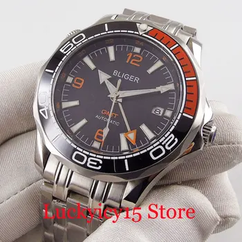 

BLIGER Brand Auto Men Watch Sapphire Glass GMT Hand Date Window Mental Band Ceramic Bezel