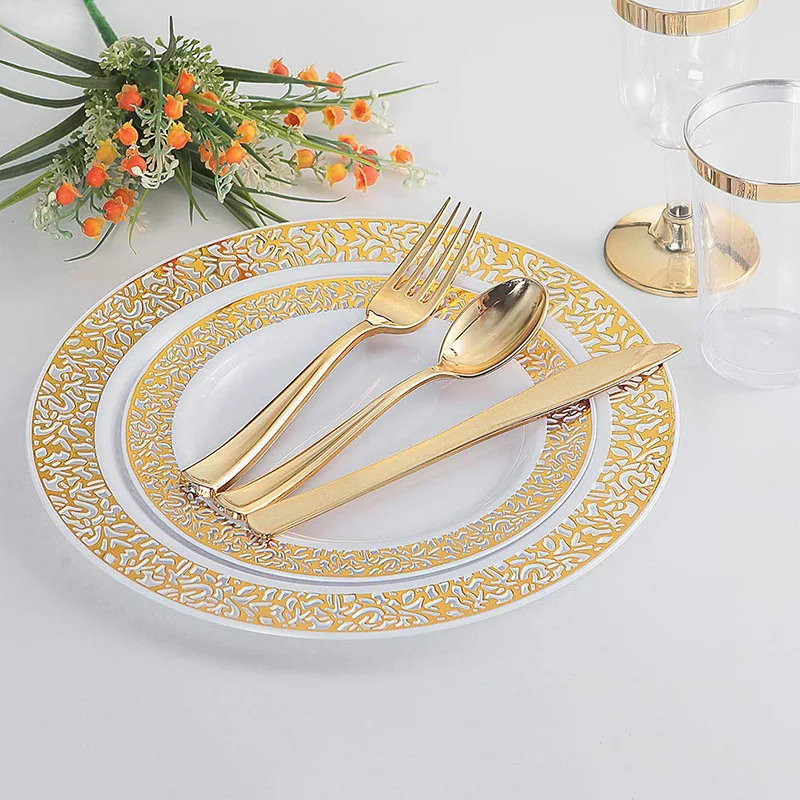 Одноразовые Золотые пластиковые тарелки, розовое Золотое кружево, дизайн, Свадебная вечеринка, Рождественский набор пластиковой кухонной посуды, тарелки для салата, десерта, 25 упаковок