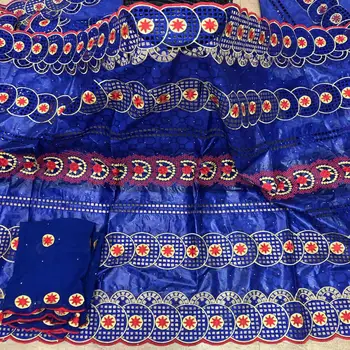 

CS African bazin riche fabric with brode The latest trend Punching design Blue embroidery bazin lace fabric with net lace 7 yard