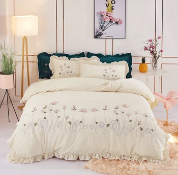 

New Rice White Short Plush Velvet Fleece Flower Embroidery Bedding set Duvet Cover Bed Linen Fitted Sheet Bed Skirt Pillowcases