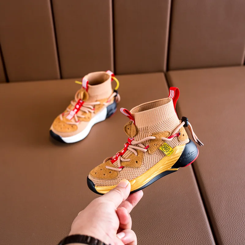 Autumn New Kids High Top Sneakers Baby Girls Slip On Sport Sneakers Black Sock Shoes Children Brand Casual Sneakers Trainers