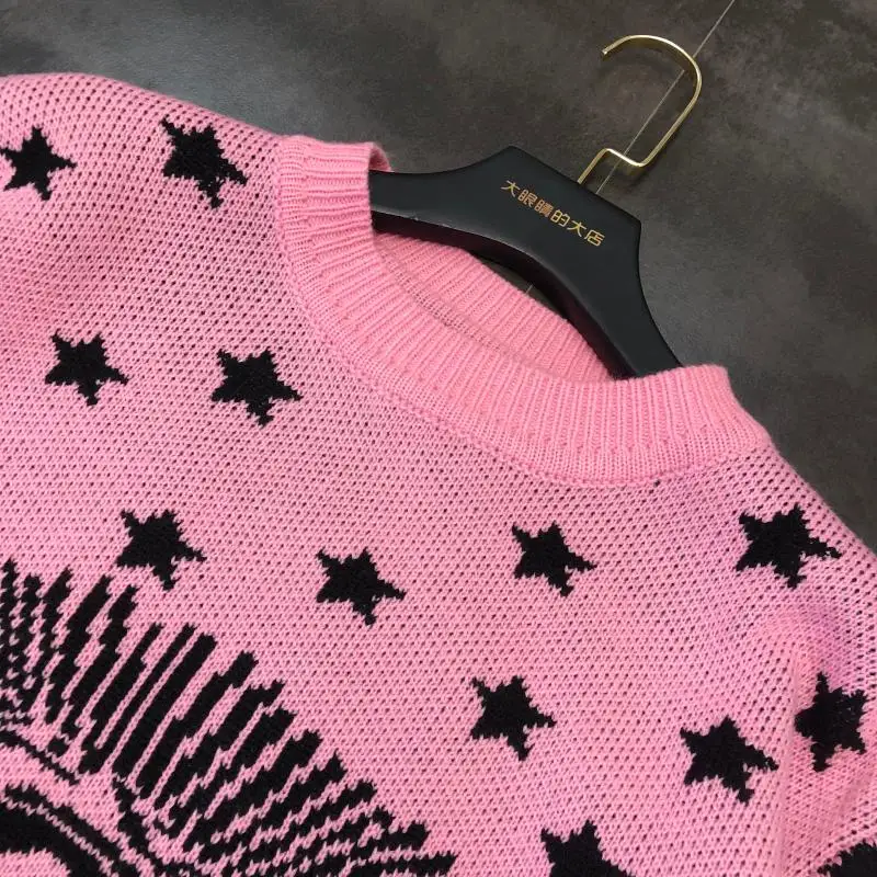 Осень большой глаз звезда шаблон дизайн уличный тренд Свободный вязаный свитер для женщин