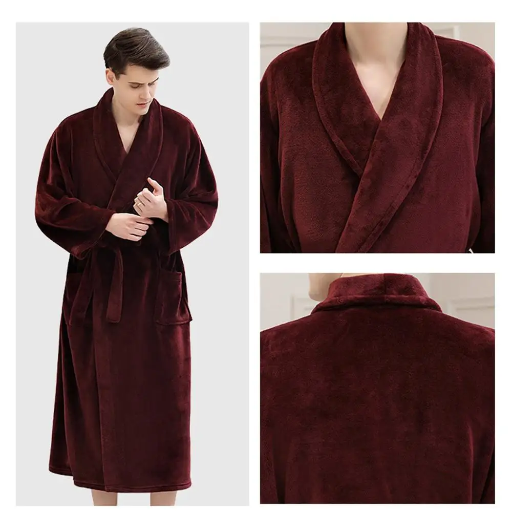 

Flannel winter men's solid color long paragraph bathrobes Europe and the waist waist lapel home service 2019 warm pajamas