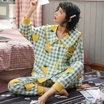 

Pajama women's large spring and autumn long sleeve cotton Japanese Plaid 100kg Princess wind ins Korean loose set