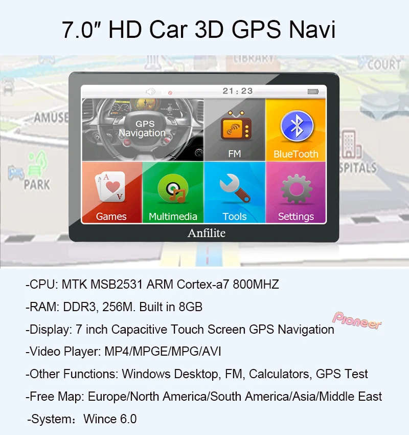 Anfilite " HD емкостный экран кемпинг автомобиль/грузовик gps навигатор Bluetooth AVI 256M 8GB Sat Nav в Европу в Россию Navitel карта