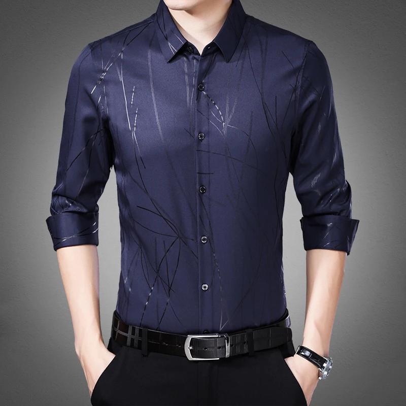 

Spring Long Sleeve Men Striped Real Silk Shirt Korean Black Mens Shirts Casual Slim Fit 2020 Camisa Masculina KJ1965