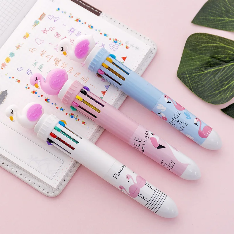 

Cute Cartoon Flamingos Color Ten-color Pen Ballpoint Pen Creative Students Multi-function Press Multi-color Hand Pen