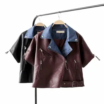 

Autumn Winter Cool Denim Patchwork Women Leather Jacket Coat Short Sleeve Loose Pu Female Jacket Streetwear