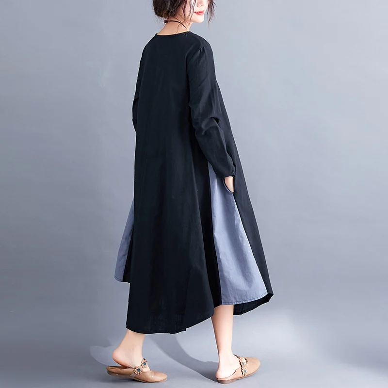 

Uego Long Sleeve Autumn Dress Soft Cotton Linen Patchwork Loose Vintage Dress Plus Size Women Casual Midi Party Dress Robes