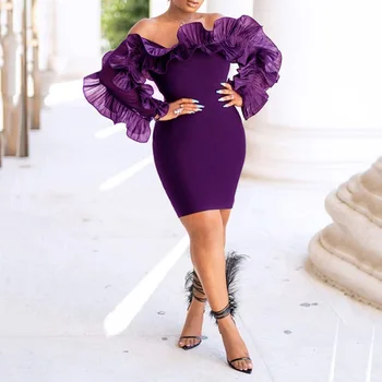 

Sexy Off Shoulder Pleated Ruffles Long Sleeve Dress Bodycon African Inspired Women Pencil Short Club Evening Party Dress Autumn