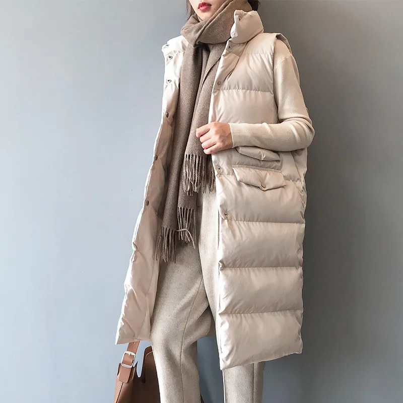 Apricot Длинный женский жилет с хлопковой подкладкой, водолазка, теплый зимний, однотонный винтажный женский жилет, теплый повседневный женский жилет с карманами - Цвет: Apricot