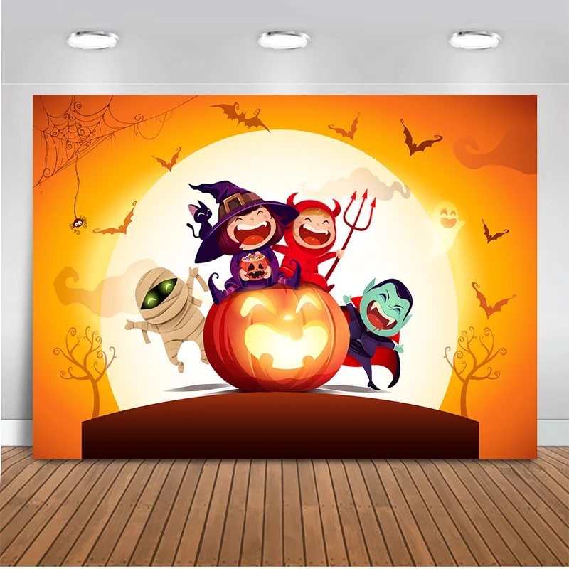 

New Arrival Halloween Party Photo Background Cartoon Pumpkin Ghost Bat Photo Backdrop Studio Computer Painted Background