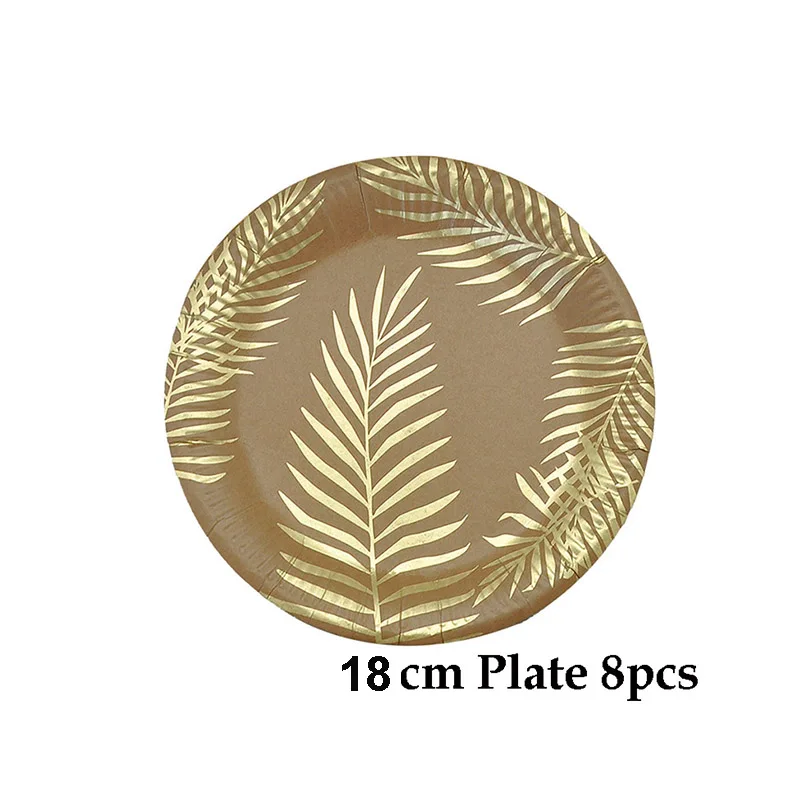 7inch plate 8pcs Одноразовые из крафт-бумаги набор бумажной посуды золотого цвета с рисунком пальмового листа тарелка бумажная чашка полотенце соломенные вечерние свадебные столовые приборы на день рождения - Цвет: 7inch plate 8pcs