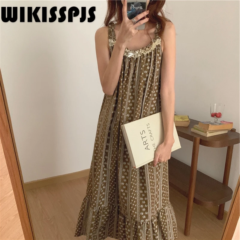 

2022 Summer New Japanese and Korean Holiday Style Small Broken Flower Suspender Skirt Pure Cotton Super Lotus Leaf Nightgown