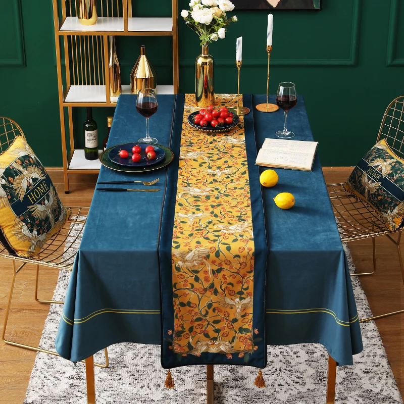 Yellow Printed Velvet Table Runner Sunbird Vine Short Plush Tassel American Country TV Cabinet Cover Cloth | Дом и сад