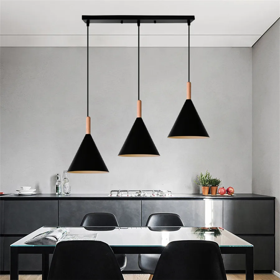 3-Heads Modern Wood Pendant Light Domeshade Suspension for Cafe Restaurant Bedroom Home Kitchen Island Nordic Hanging Lamp black pendant light