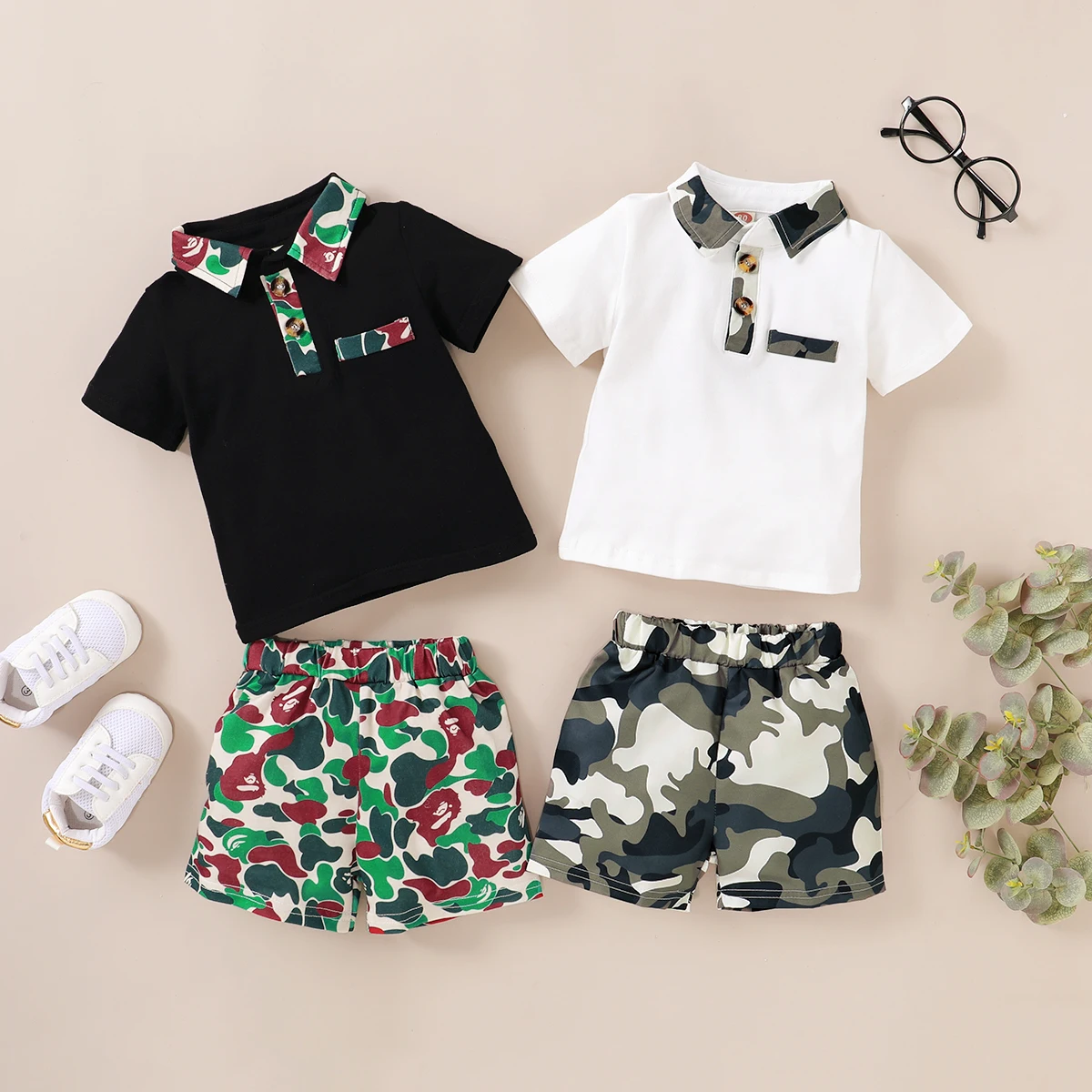 

Summer Newborn Baby Boys Short Sleeve Button Design Top Camouflage Pattern Short Elastic Band Pants 2-Piece Outfit Set