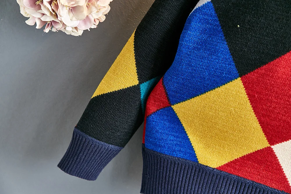 Boys' Sweater Autumn And Winter New Style Korean-style jia rong Sweater Square Lines Pullover Base Shirt Sweater