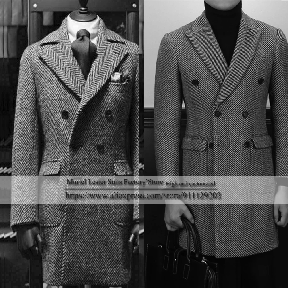 Winter Grey Herringbone Men Suits Jacket Custom Made Double Breasted Overcoat Notched Lapel Long Coat Groom Blazer Daily Tuxedo | Мужская