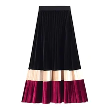 Плиссированная юбка с высокой талией, эластичная строчка, цвет золотой, бархатная длинная юбка, юбка для элегантных женщин