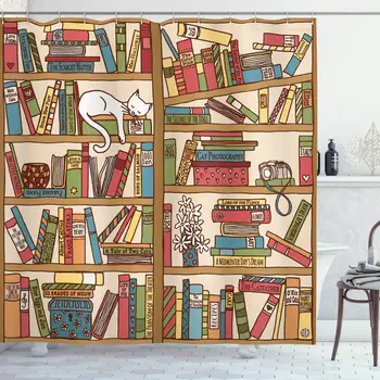 

Nerd Book Lover Kitty Sleeping Over Bookshelf Library Academics Feline Boho Design Bathroom Decor