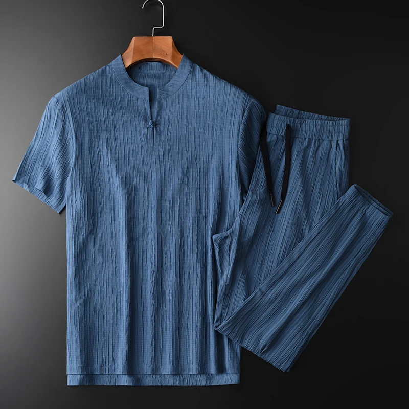 

Summer Mens (t-shirt+pants) Luxury Chinese Style Short Sleeve Man Plus Size 4xl Solid Color Slim Fit Male Sets