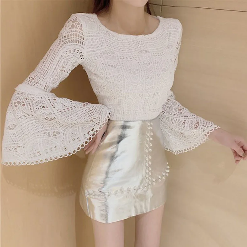

2020 Spring New Products Korean-style Elegant Bell Sleeve Lace Shirt High-waisted Slimming Beads PU Leather Skirt Two-Piece Set