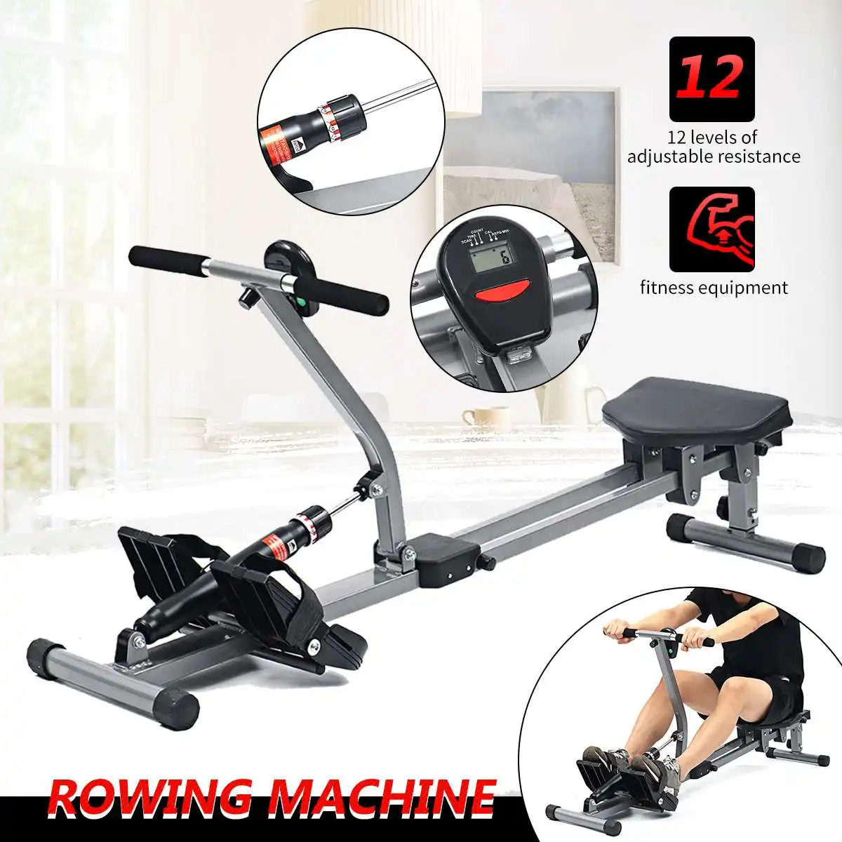 Rowing Machines 12 Level Rower Resistance Cardio Exercise Fitness Home Gym Sport 