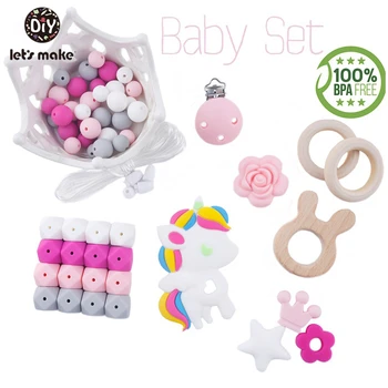 

1set Baby toys silicone teether unicorn beads pacifier clip diy set wooden rabbit teething pendant rattle