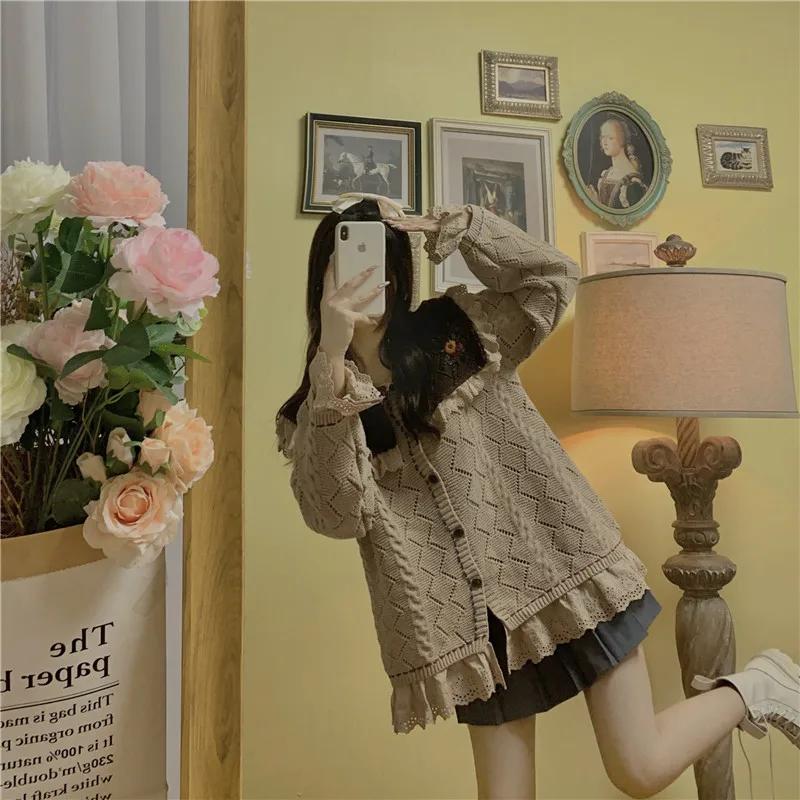 Vintage Ladies Knitted Cardigans Sweaters Women Long Sleeve Korean Retro Fashion Slim Tops Cardigans 2021 Autumn Winter
