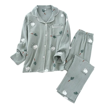 

2020 Spring New sweet rabbit sleepwear women pajamas sets japanese sweet 100% crepe cotton long-sleeved women pyjamas homewear