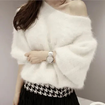 

Faux Mink Cashmere Off Shoulder Pullovers Women Mohair Loose Sweaters Autumn Winter Thick Warm Soft Sweaters Sexy Jumper