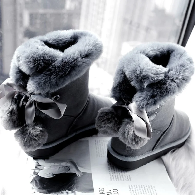 ANOVISHANA Warm rabbit fur Snow Boots Women Genuine cow suede Leather flat heel ankle booties knot ball Winter fur shoes botas