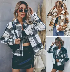 Casaco de xadrez feminino 2021 outono inverno nova moda único breasted tecido xadrez casacos curtos feminino jaqueta casual