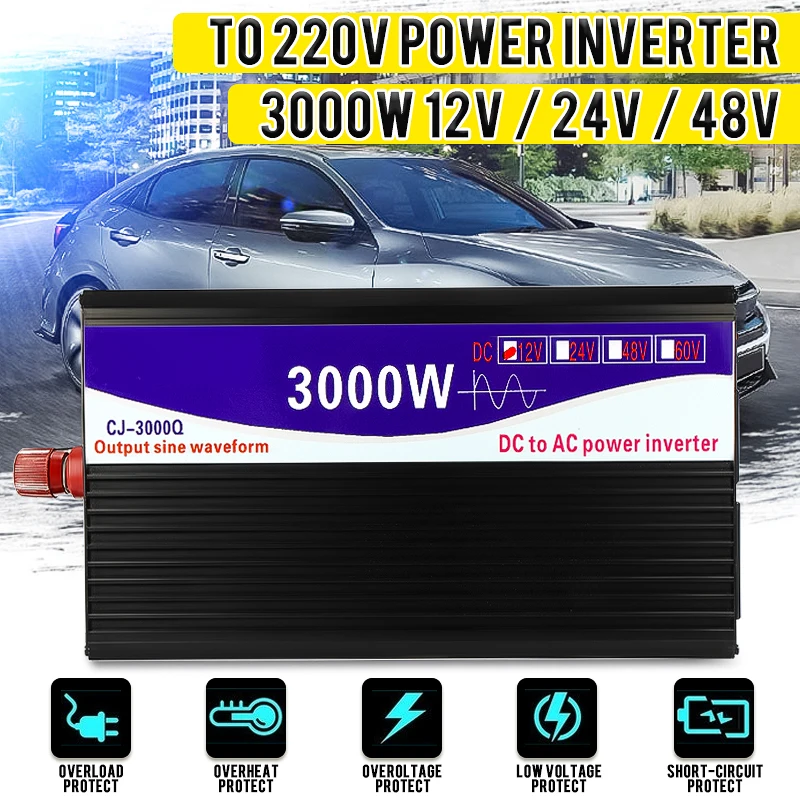 

Black Inverter 3000W Pure Sine Wave Inverter LED Digital Display 12V/24V to 220V 50HZ Transformer Power Inverter Supply