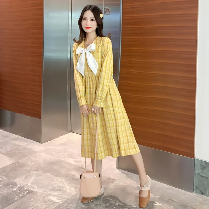 

Maternity Clothes Autumn 2019 New Style Maternity Dress Long Sleeve Bow Plaid Large Size Dress