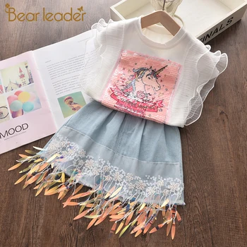 

Bear Leader Girls Party Dresses 2020 New Fashion Kids Cartoon Pattern Princess Outfits Children Tassel Costume Kid Vestidos 3 7Y