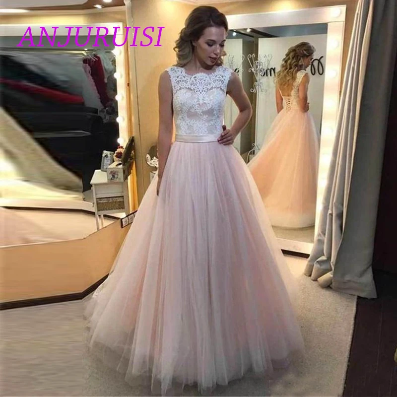 

ANJURUISI 2019 Blush Pink Lace A Line Wedding Dresses Sheer Scoop Neck Back Lace Up Tulle Formal Wedding Bridal Gowns With Belt
