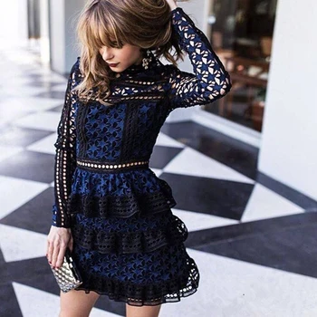 

Newest 2019 Spring Self Portrait Blue Lace Dress Women Vintage Crochet Star Long Sleeve Hollow Out Slim Layer Cake Mini Dress
