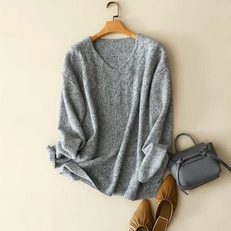 

Осенне-зимние 100% кашемировые толстые пуловеры с v-образным вырезом, женские большие вязаные джемперы с длинным рукавом, женские топы