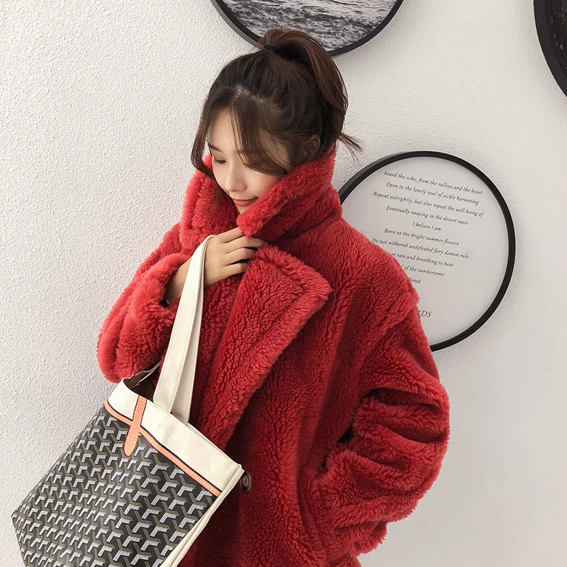 Red Пальто из натурального меха женская зимняя куртка женская одежда корейские плюшевые пальто из натуральной овечьей шерсти Женская Верхняя теплая куртка Hiver 181 - Цвет: Red