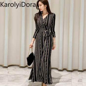 

2020 spring new Korean version of the OL temperament V-neck slim bottoming dress fashion lace waist stripe dress women