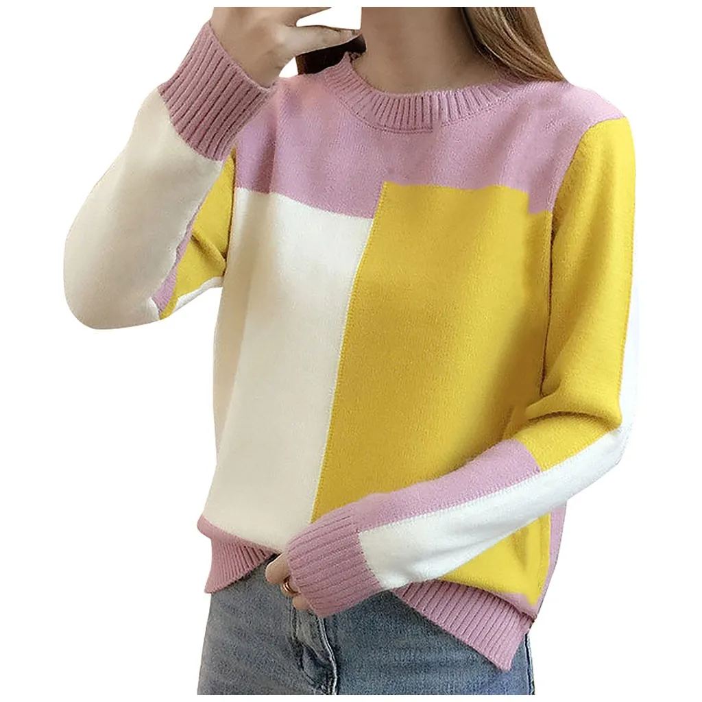 Jersey mujer invierno, женский свитер, Модный Цветной пуловер в стиле пэчворк, зимний теплый свитер с круглым вырезом и длинными рукавами, вязаный Топ, ropa mujer